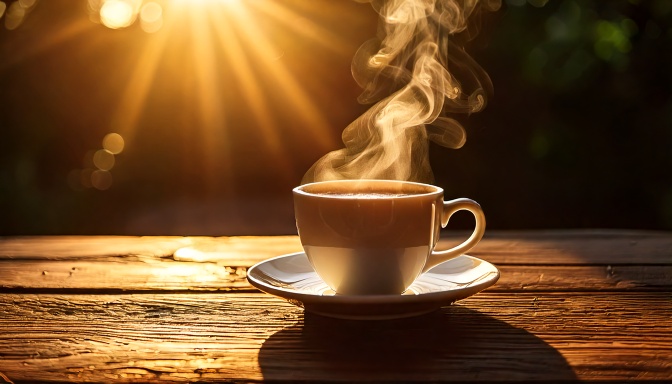 Xícara de café fumegante sobre mesa de madeira com iluminação quente e dourada ao pôr do sol, criando uma atmosfera aconchegante e serena. O fundo desfocado realça o foco no vapor delicado e na textura rústica da madeira, enquanto a composição equilibrada captura a essência de um momento relaxante ao ar livre.